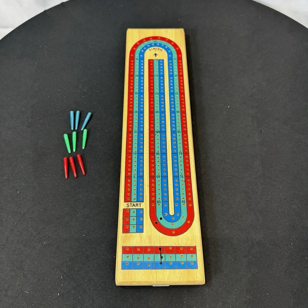 Wood Cribbage Board Red Green Blue 3‎ Track